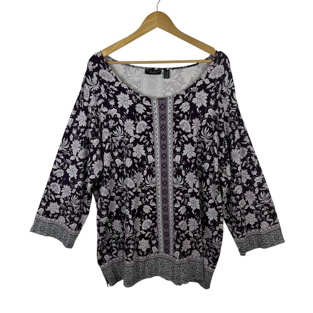Susan Graver Weekend Floral Top‎ Size 2X Purple Boho Soft Stretch Comfy Casual
